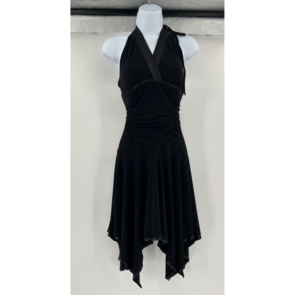 Taboo VTG Black Halter Dress Ruched Handkerchief Hem Satin Trim Y2K S Dark Fairy